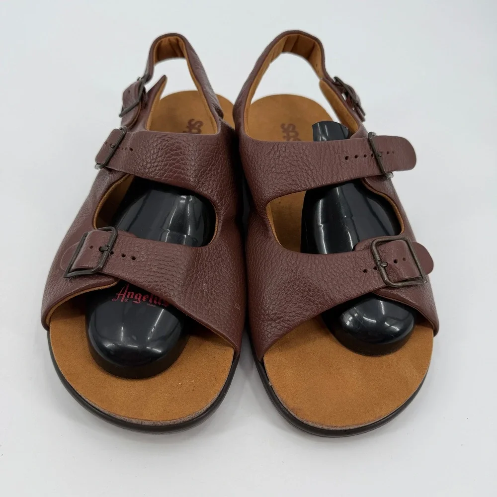 SAS Bravo Mens Brown Leather Slingback Sandals Triple Buckle 12 WW Extra Wide
